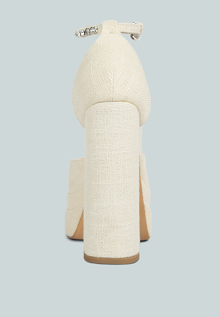 COSETTE Diamante Embellished Ankle Strap High Block Heel Sandals in Off White#color_off white