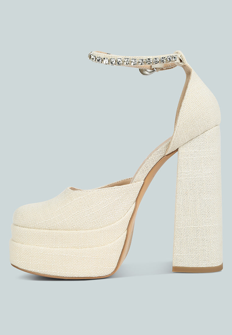 COSETTE Diamante Embellished Ankle Strap High Block Heel Sandals in Off White#color_off white