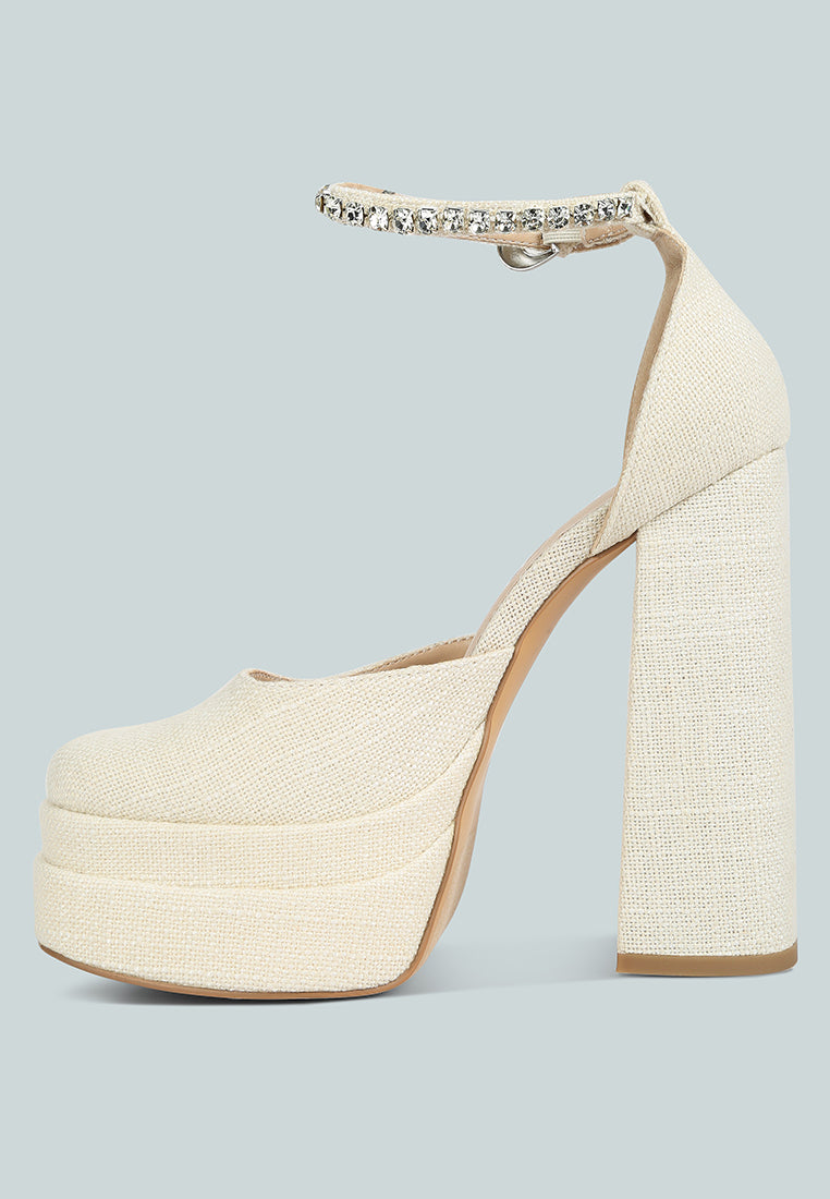 COSETTE Diamante Embellished Ankle Strap High Block Heel Sandals in Off White#color_off-white