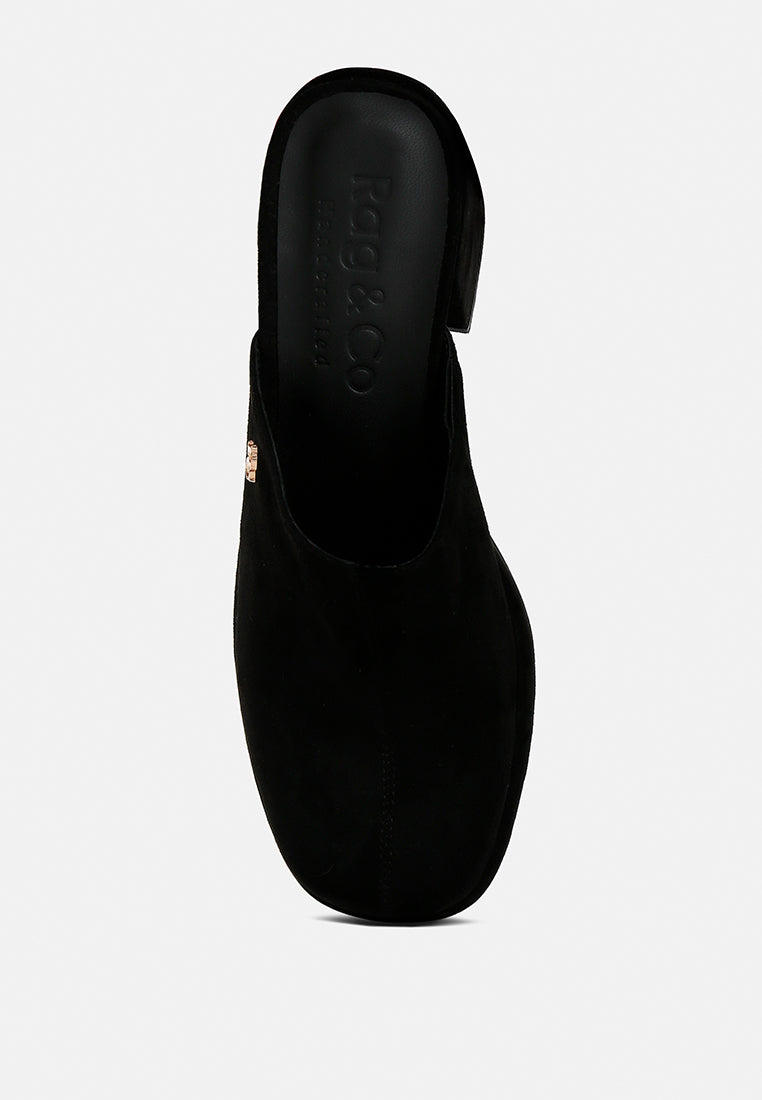 delaunay black suede heeled mule sandals#color_black