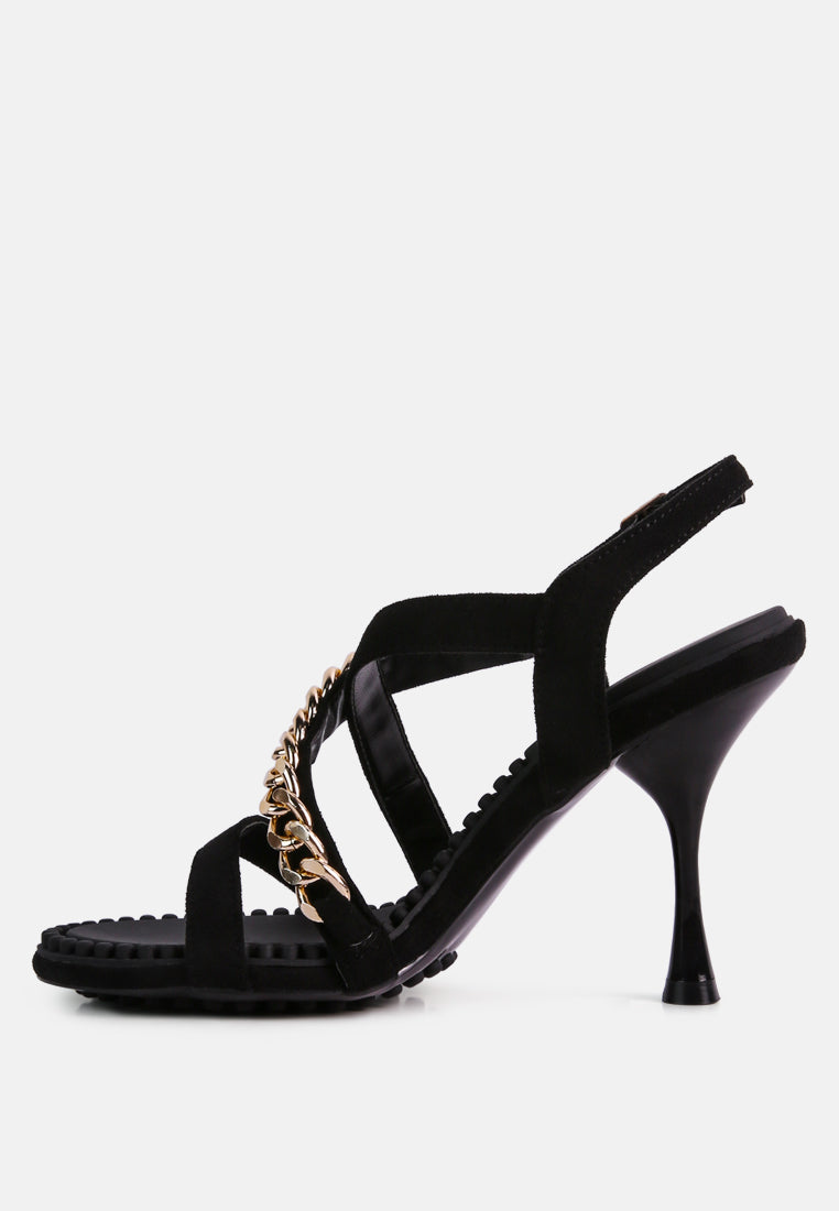 DOMEDA Black Metal Chain Mid Heel Sandal-Black