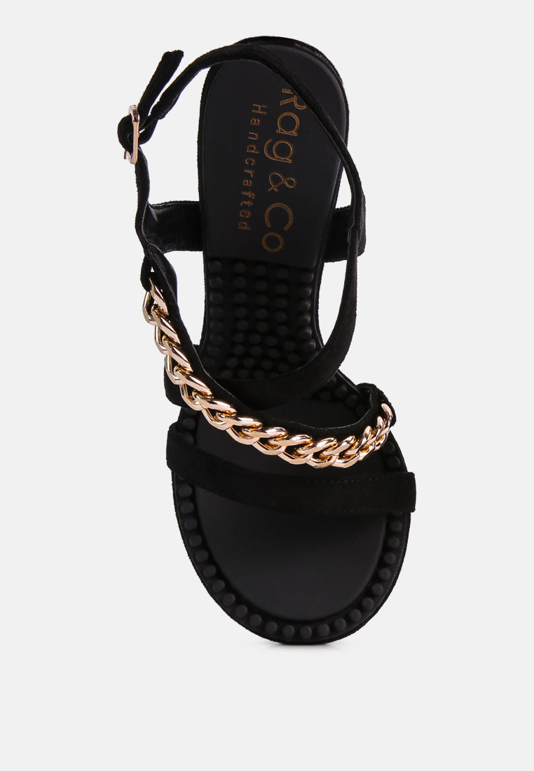 DOMEDA Black Metal Chain Mid Heel Sandal-Black