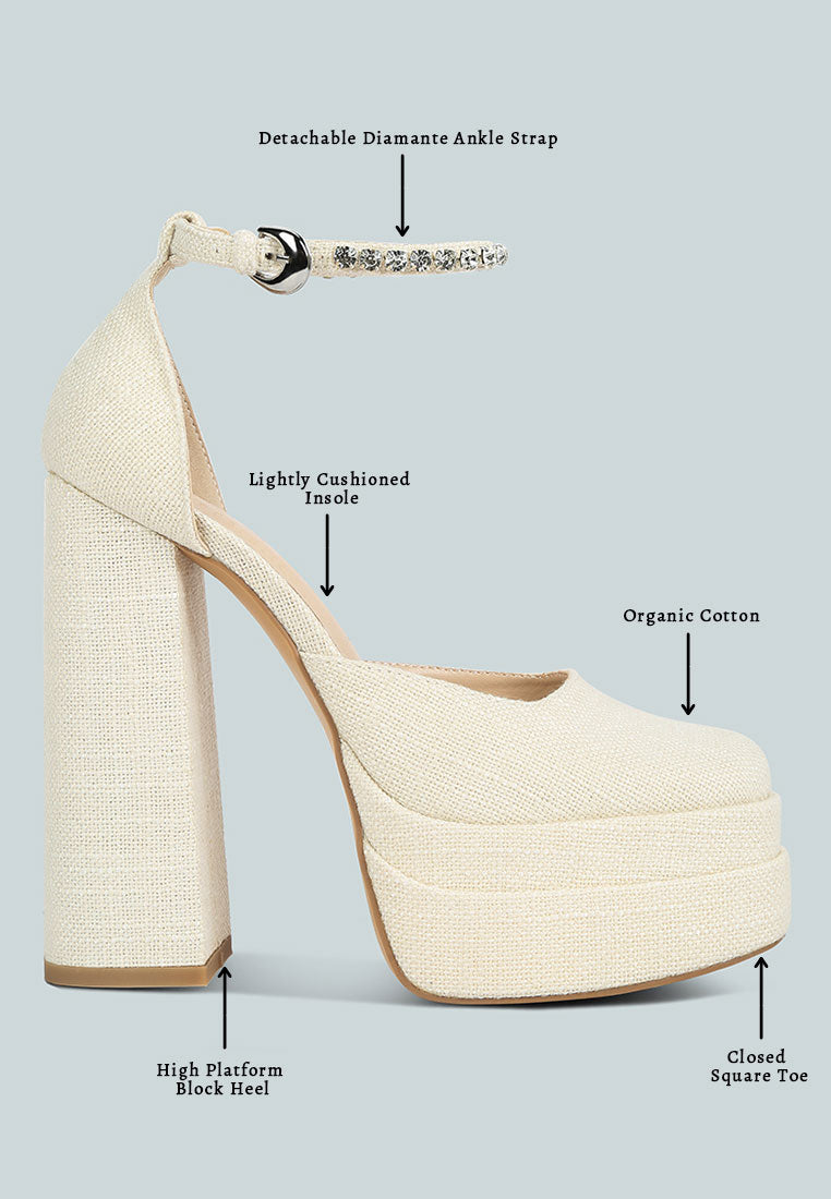 COSETTE Diamante Embellished Ankle Strap High Block Heel Sandals in Off White#color_off white