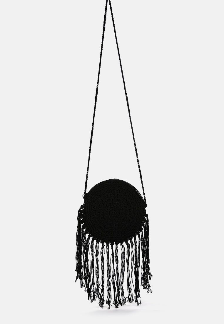 dream catcher handmade crochet boho round bag#color_black