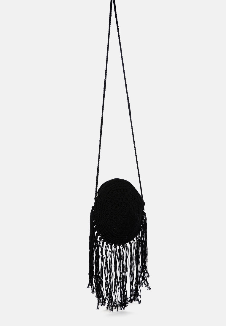 dream catcher handmade crochet boho round bag#color_black