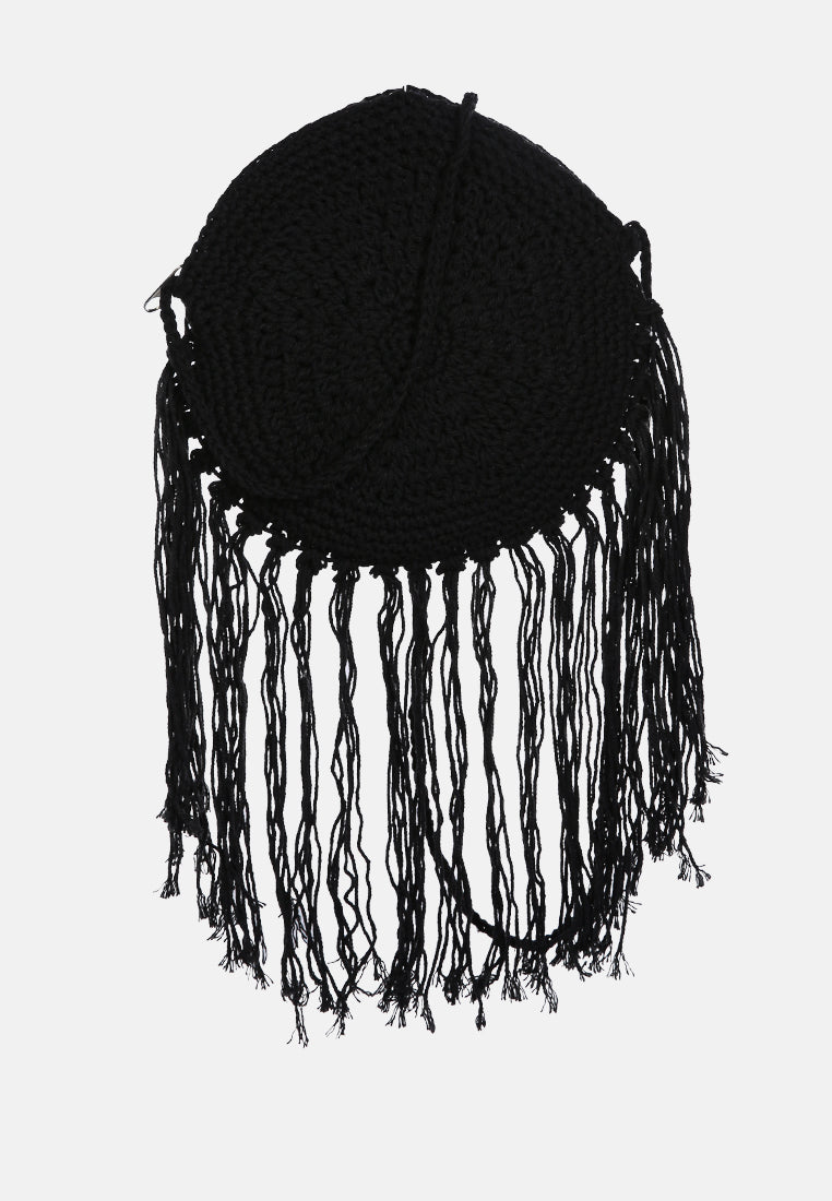 dream catcher handmade crochet boho round bag#color_black