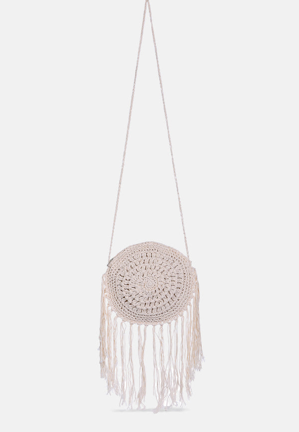 dream catcher handmade crochet boho round bag#color_white