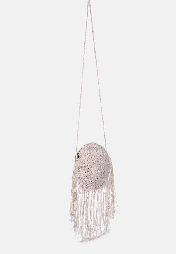 dream catcher handmade crochet boho round bag#color_white