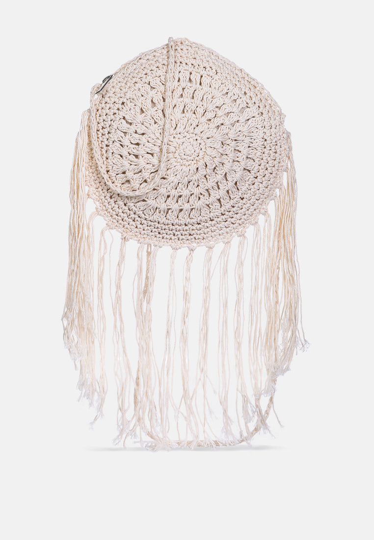 dream catcher handmade crochet boho round bag#color_white