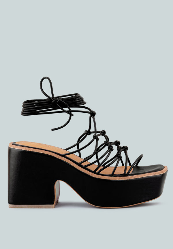 FAWCETT Black Tie Up Handmade Block Heeled Sandals_Black
