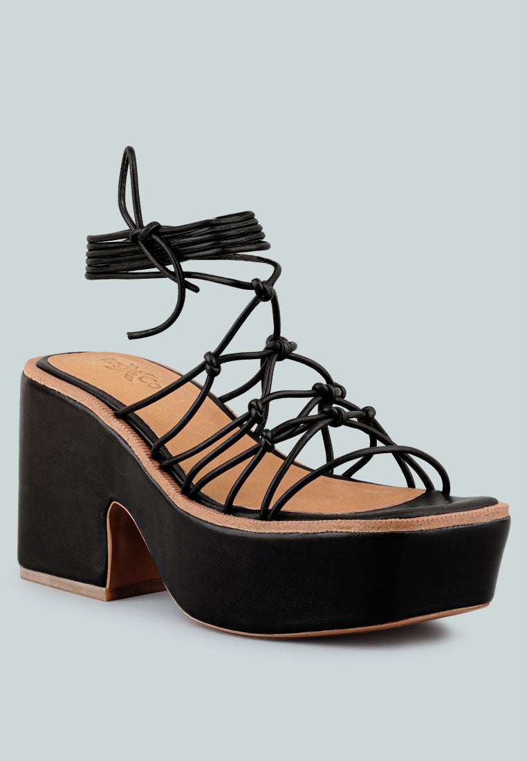 FAWCETT Black Tie Up Handmade Block Heeled Sandals_Black