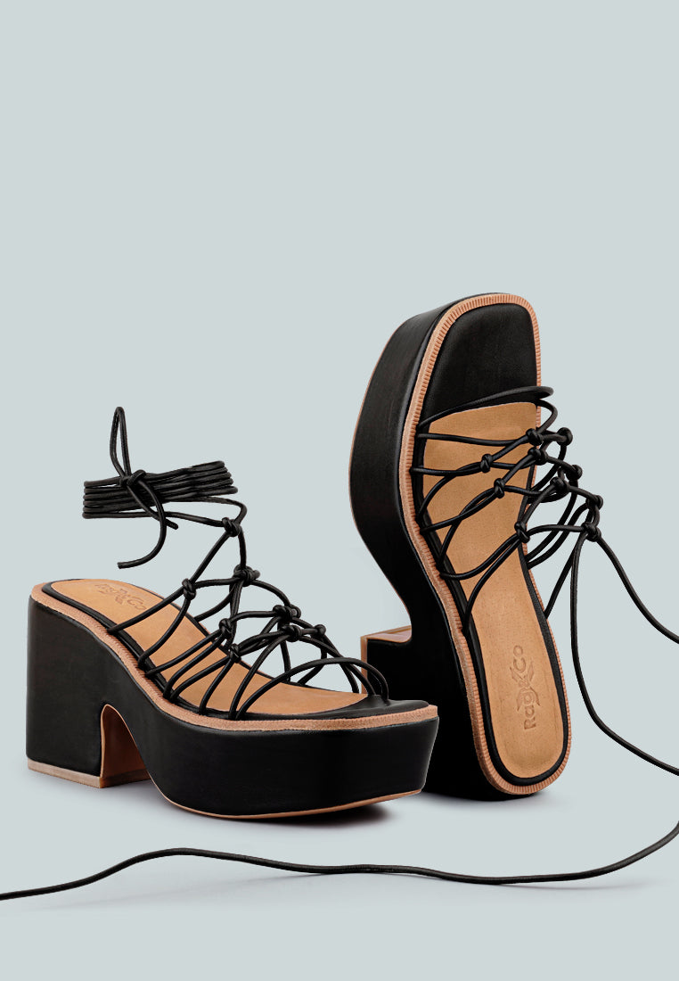 FAWCETT Black Tie Up Handmade Block Heeled Sandals_Black