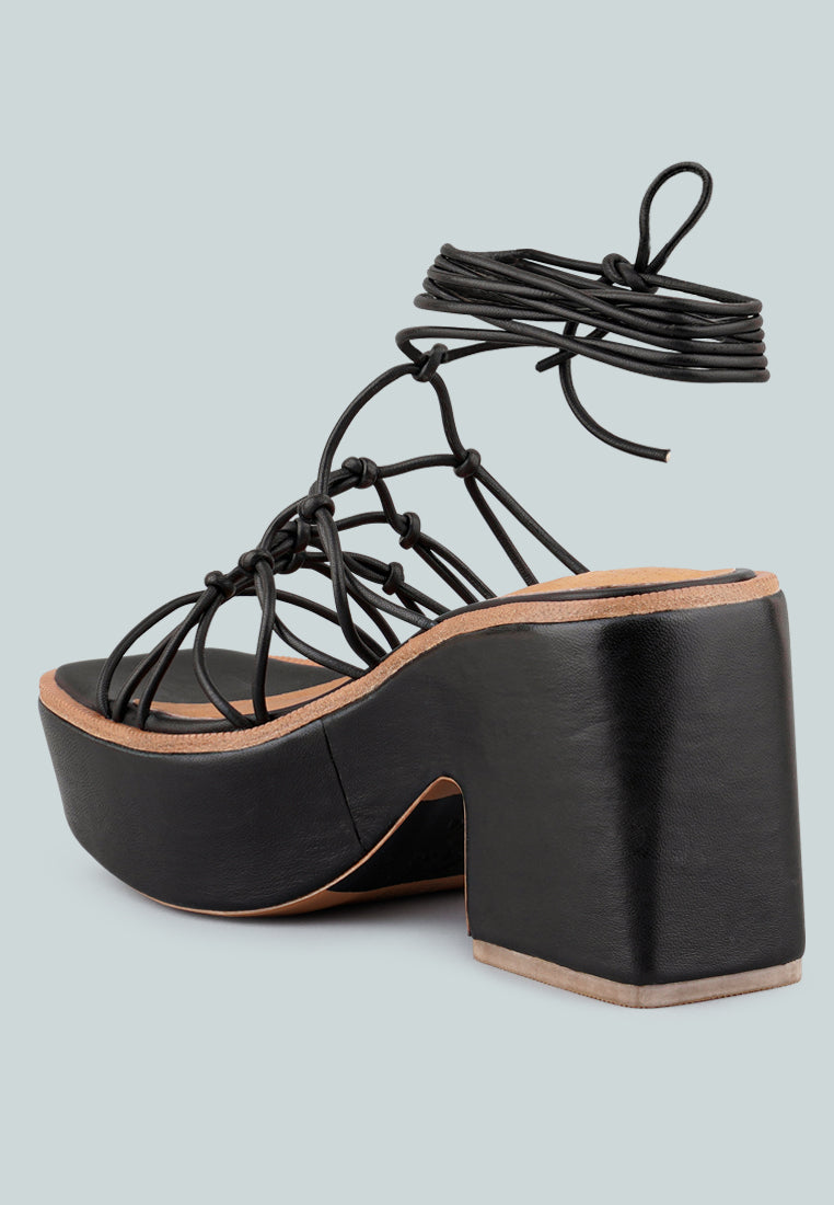 FAWCETT Black Tie Up Handmade Block Heeled Sandals_Black