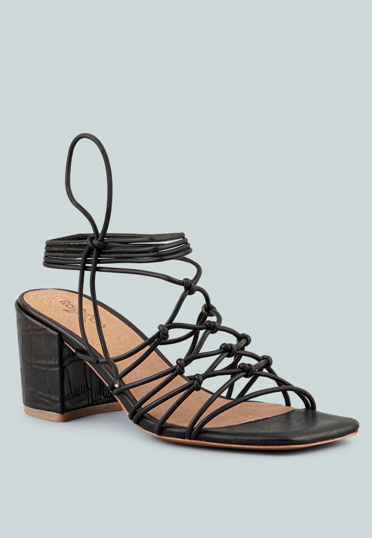 FONDA Croc Patterned Black Handcrafted Lace Up Sandal_Black