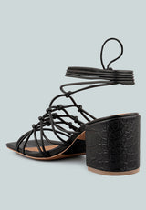 FONDA Croc Patterned Black Handcrafted Lace Up Sandal_Black