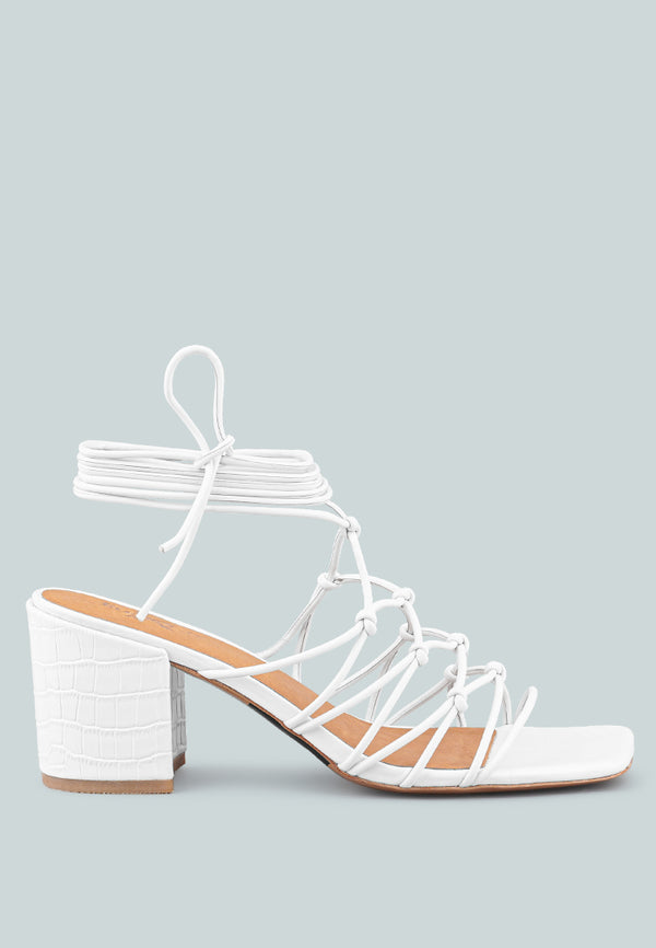 FONDA Croc Patterned White Handcrafted Lace Up Sandal_White