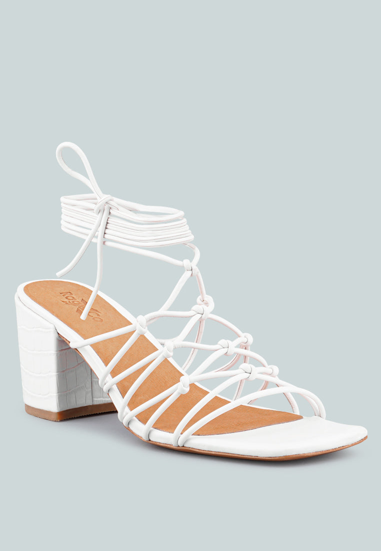 FONDA Croc Patterned White Handcrafted Lace Up Sandal_White