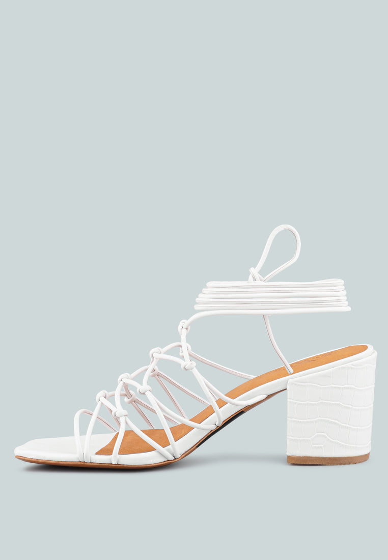 FONDA Croc Patterned White Handcrafted Lace Up Sandal_White