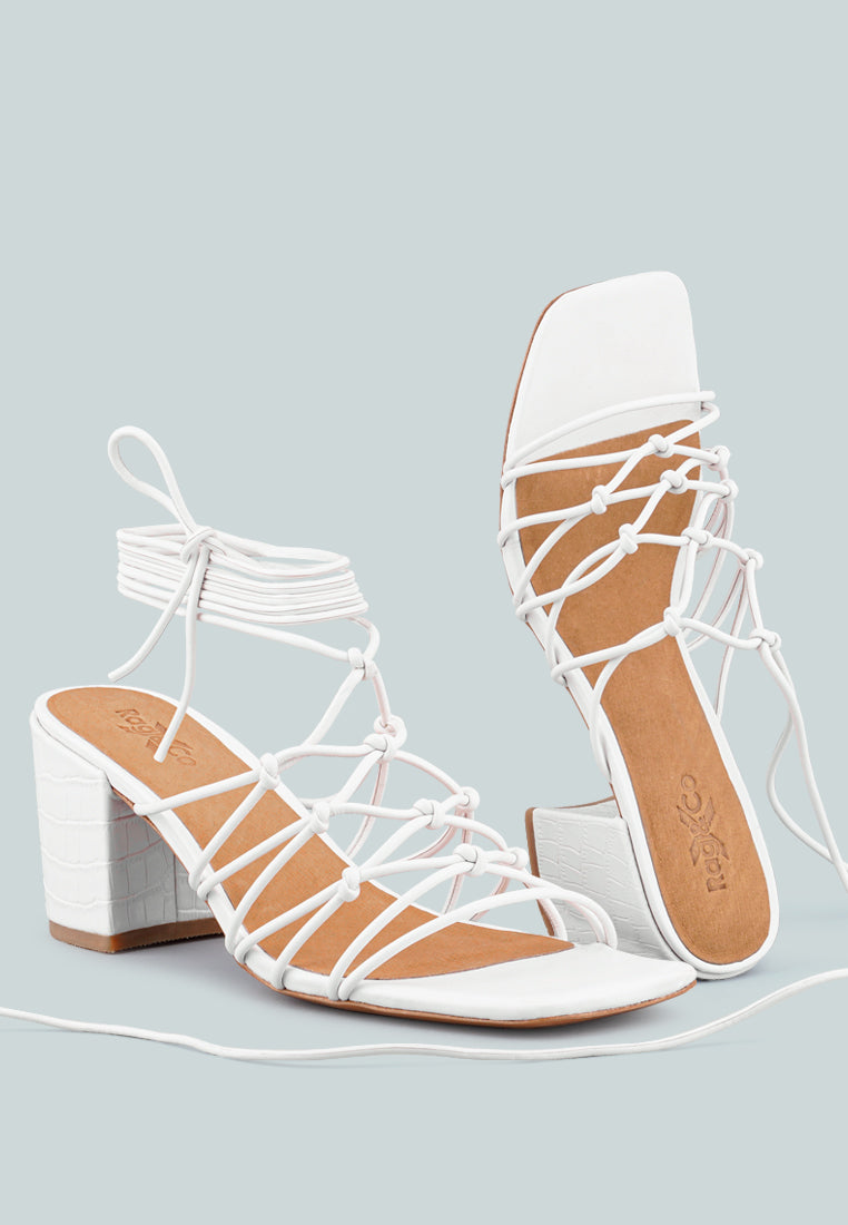 FONDA Croc Patterned White Handcrafted Lace Up Sandal_White