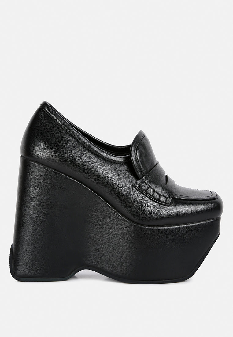 GILLIAM Black High Platform Wedge Loafers#color_Black