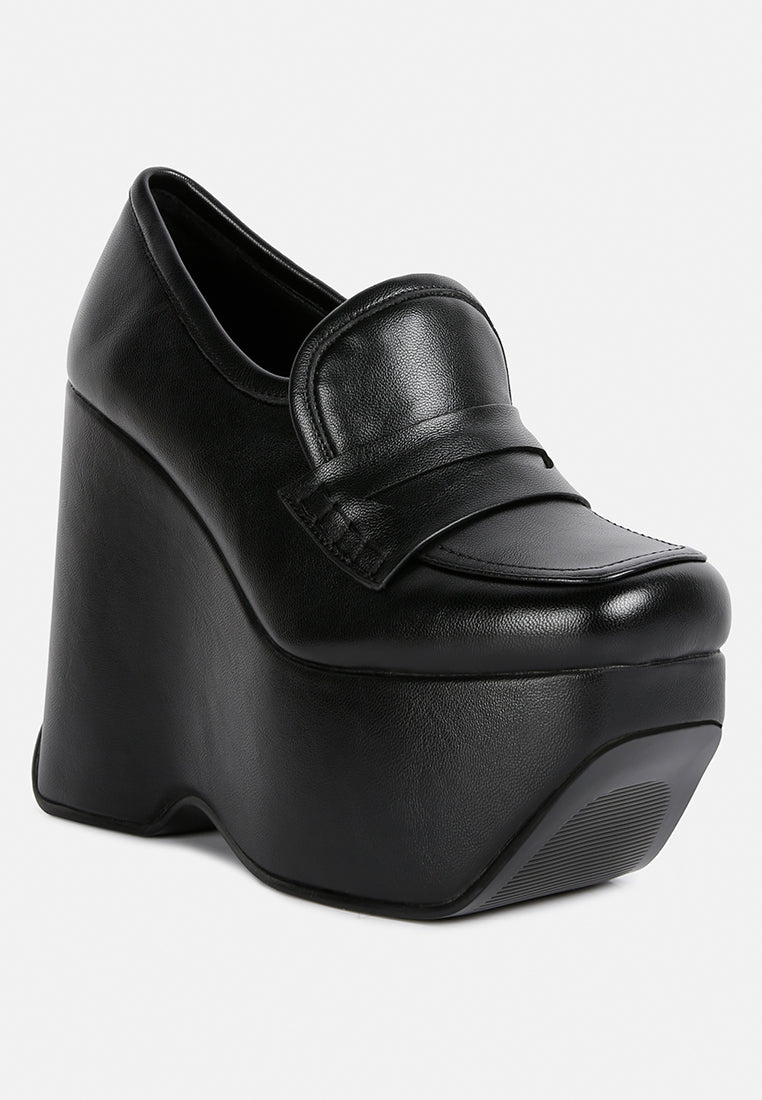 GILLIAM Black High Platform Wedge Loafers#color_Black