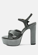 LIDDEL Grey Velvet High Block Heeled Sandals_Grey