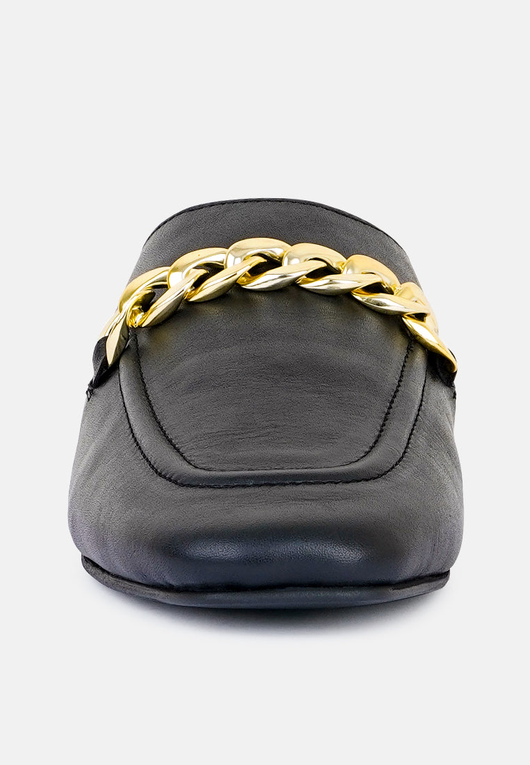 Honey Leather Metal Chain Mules in Black-Black