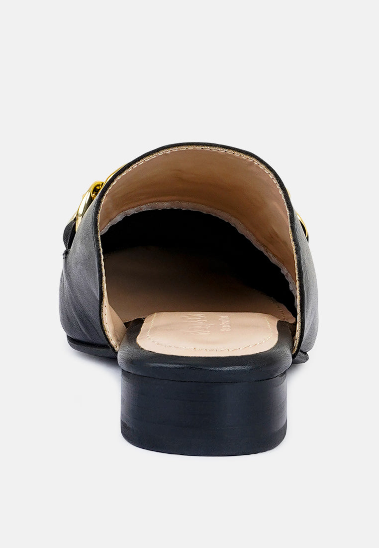 Honey Leather Metal Chain Mules in Black-Black