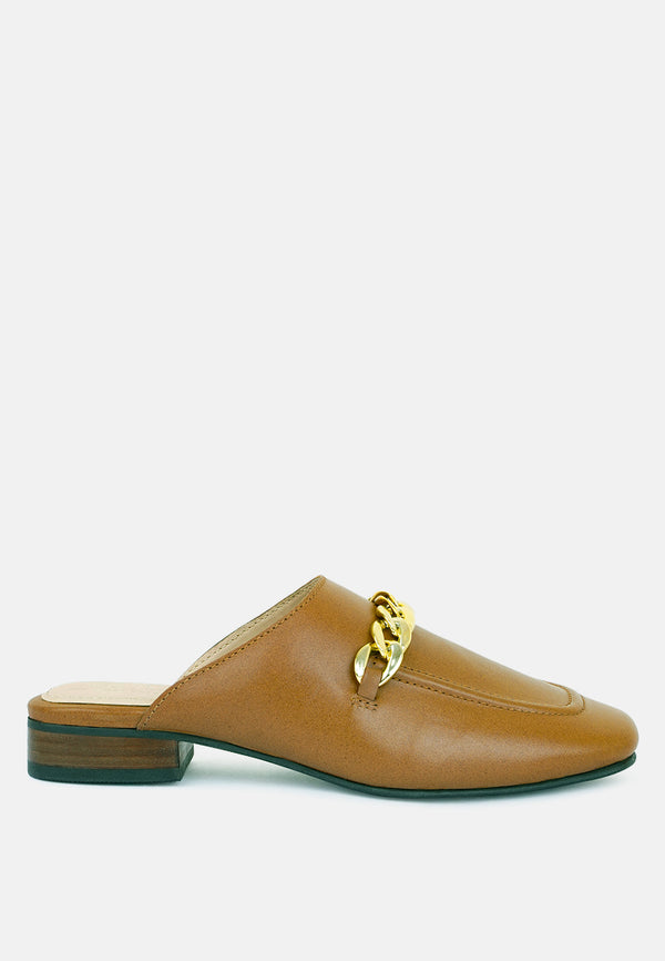 Honey Leather Metal Chain Mules in Tan-Tan