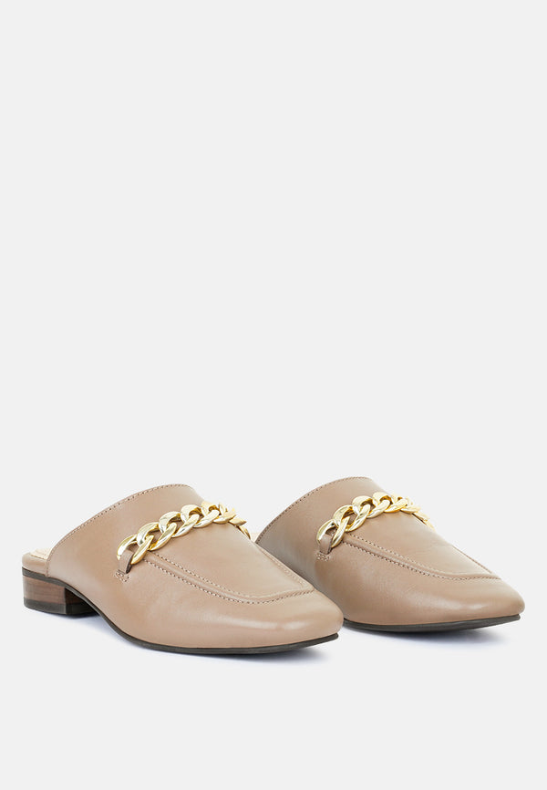 Honey Leather Metal Chain Mules in Taupe-Taupe