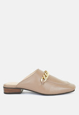 Honey Leather Metal Chain Mules in Taupe-Taupe