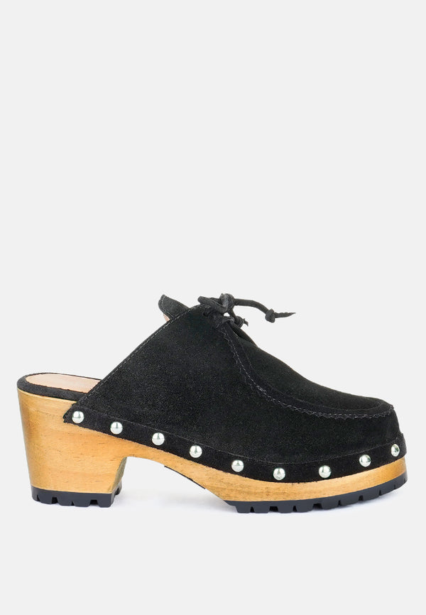 IROKO Black Suede Tie Detail Stud Clogs-Black