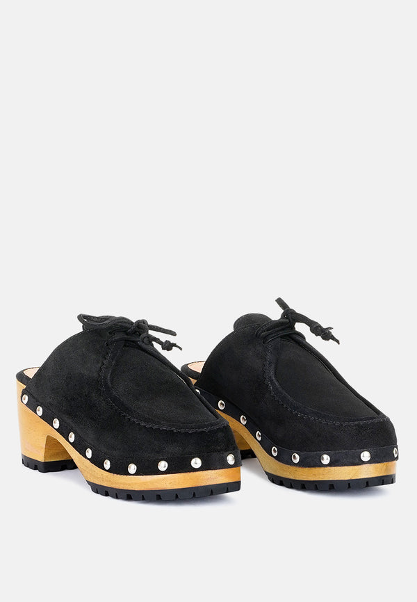 IROKO Black Suede Tie Detail Stud Clogs-Black