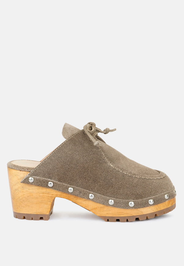 IROKO Taupe Suede Tie Detail Stud Clogs-Taupe