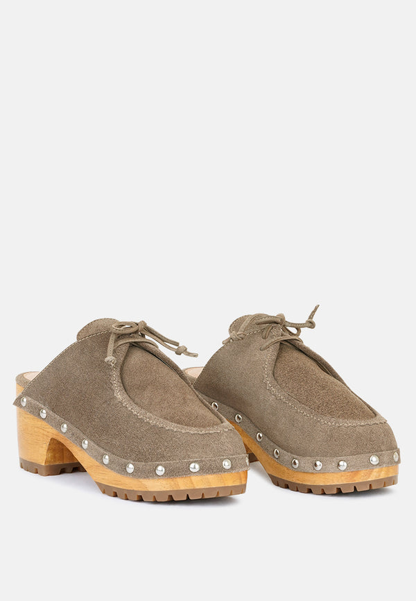 IROKO Taupe Suede Tie Detail Stud Clogs-Taupe