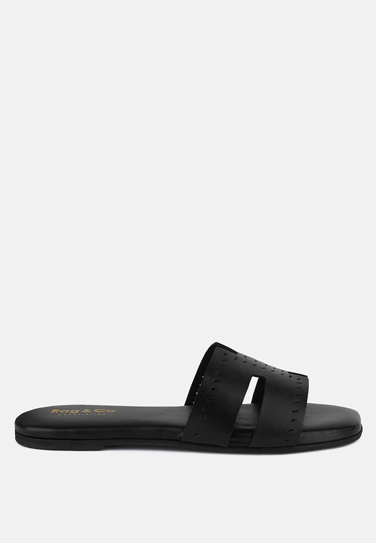 IVANKA Black Cut Out Slip On Sandals#color_black