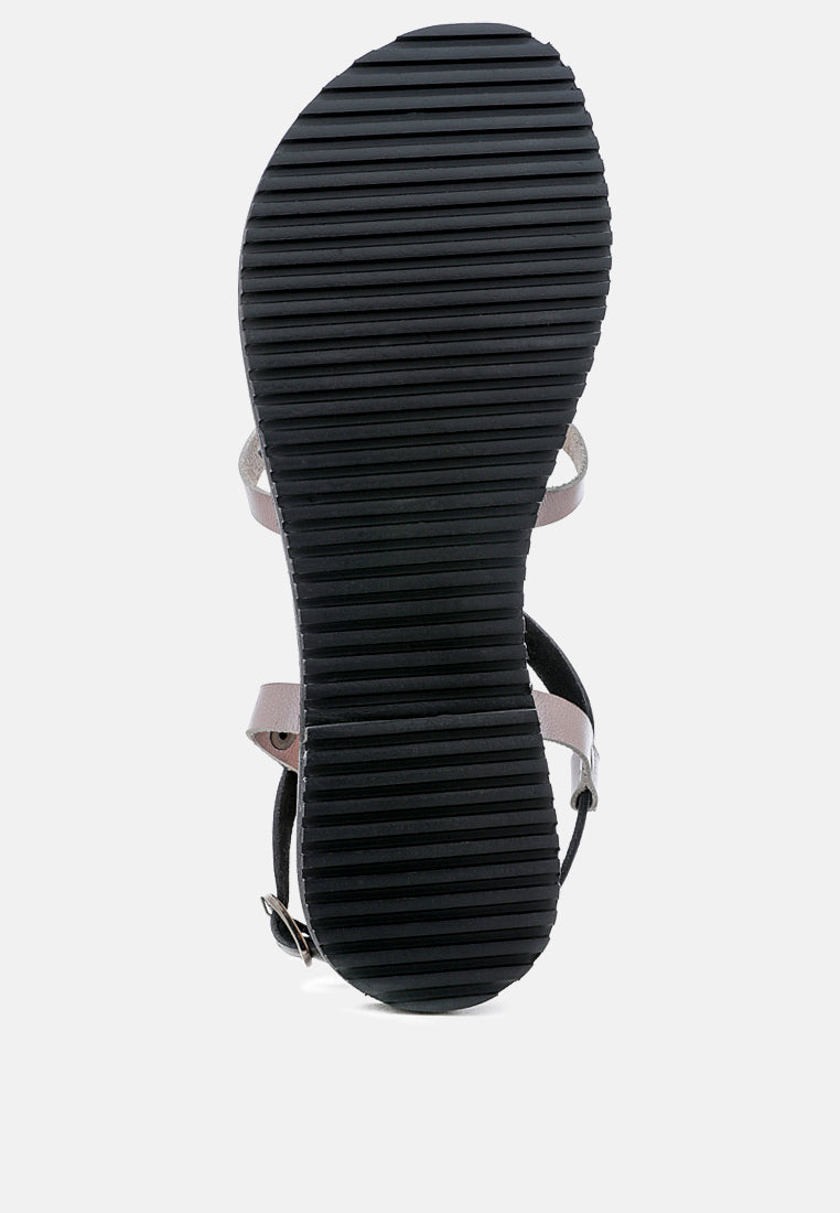 JUNE Black Strappy Flat Leather Sandals-Black