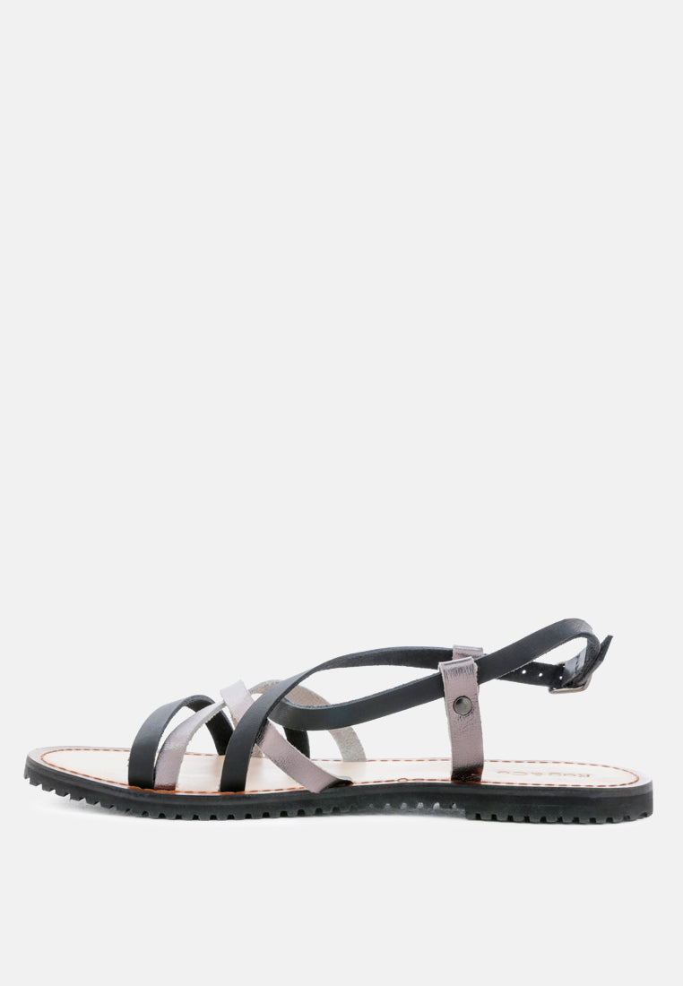 JUNE Black Strappy Flat Leather Sandals-Black