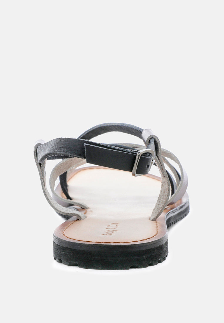 JUNE Black Strappy Flat Leather Sandals-Black