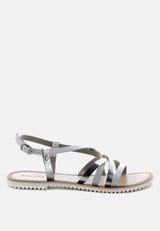 JUNE Silver Strappy Flat Leather Sandals-Silver