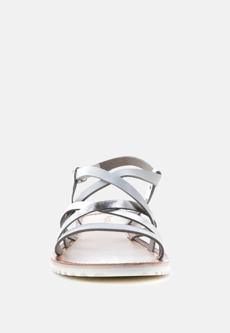 JUNE Silver Strappy Flat Leather Sandals-Silver