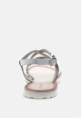 JUNE Silver Strappy Flat Leather Sandals-Silver