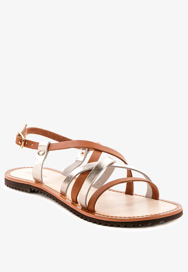 JUNE Tan Strappy Flat Leather Sandals-Tan