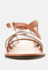 JUNE Tan Strappy Flat Leather Sandals-Tan