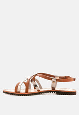 JUNE Tan Strappy Flat Leather Sandals-Tan