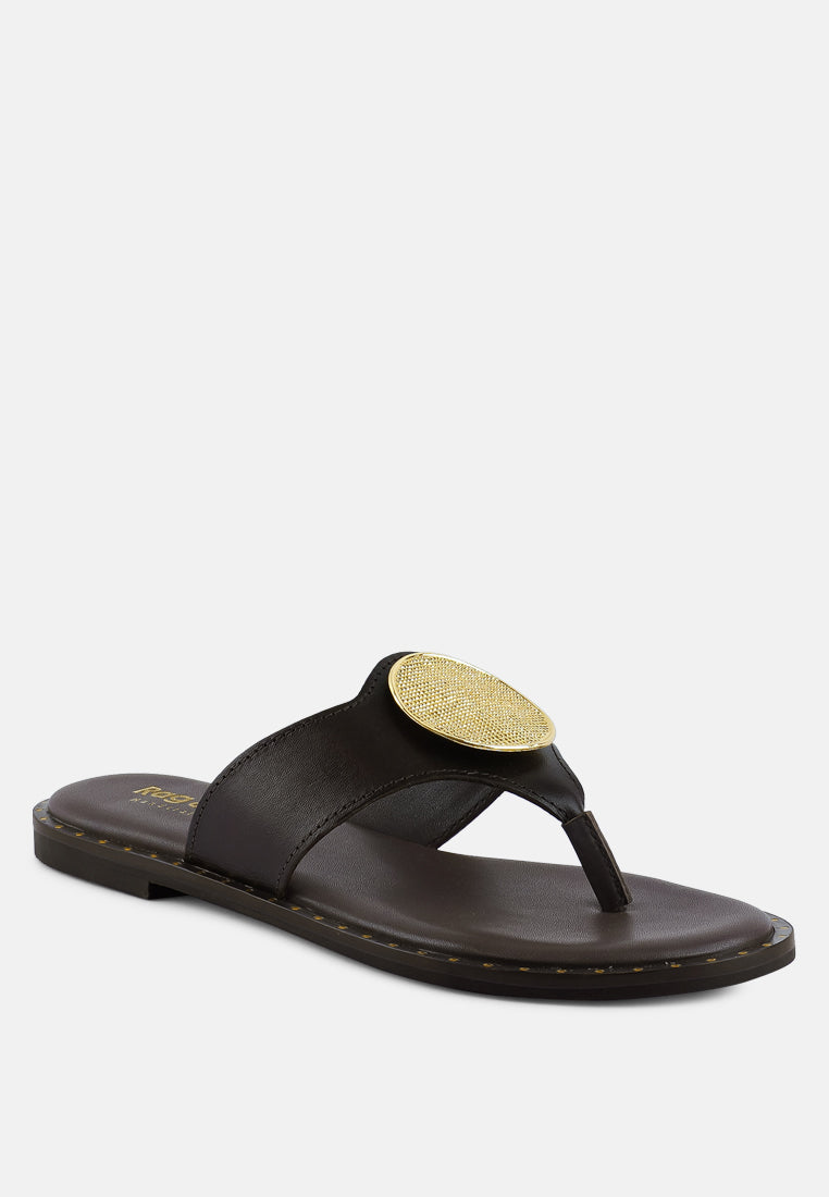 KATHLEEN Embellished Brown Slip-on Thong Sandals#color_brown