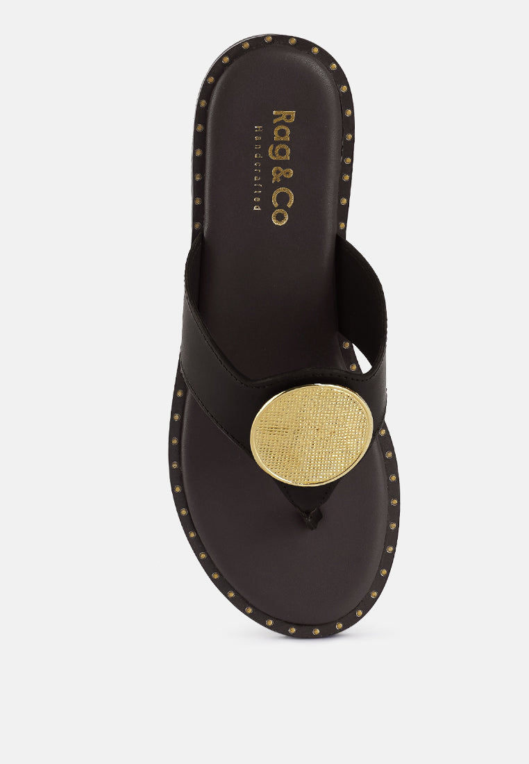 KATHLEEN Embellished Brown Slip-on Thong Sandals#color_brown