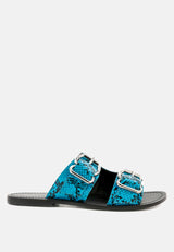 KELLY Blue Flat Sandal with Buckle Straps-Blue