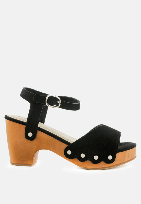 LIONA Black Studded Suede Wooden Clogs-Black