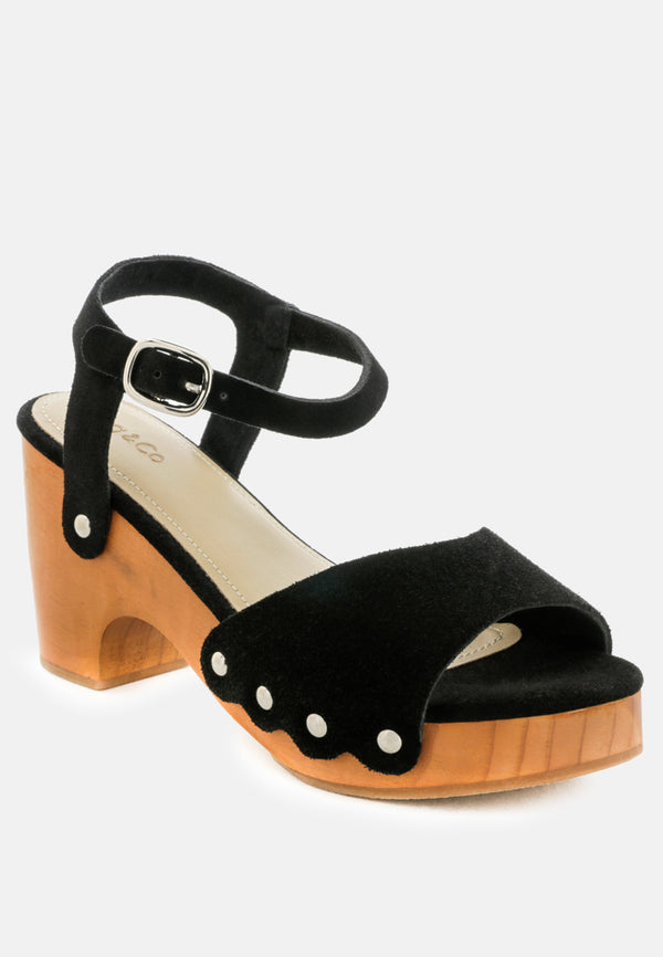 LIONA Black Studded Suede Wooden Clogs-Black